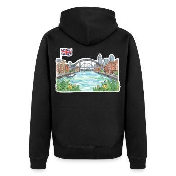 Newcastle Skyline, Tyne Bridge, Salbei, Gateshead, Kunst - Unisex Premium Bio Zip Hoodie - Schwarz - Hinten - Nico (187cm)