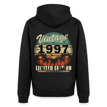 Vintage 1997 Limitierte Einzigartige Edition - Unisex Premium Bio Zip Hoodie - Schwarz - Hinten - Nico (187cm)
