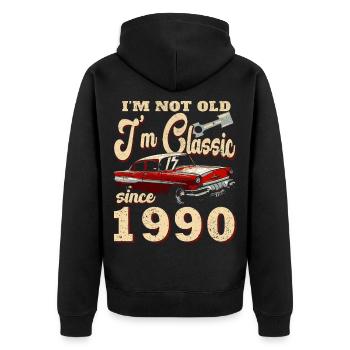 Ich bin klassisch seit 1990 - Unisex Premium Bio Zip Hoodie - Schwarz - Hinten - Nico (187cm)