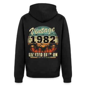 Vintage 1982 Limitierte Edition Palmen Sunset - Unisex Premium Bio Zip Hoodie - Schwarz - Hinten - Nico (187cm)