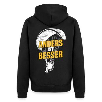 Gleitschirmflieger ANDERS IST BESSER Lustiges - Unisex Premium Bio Zip Hoodie - Schwarz - Hinten - Nico (187cm)