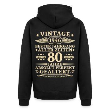 80 Jahre perfekt gealtert 1946 Jahrgang - Unisex Premium Bio Zip Hoodie - Schwarz - Hinten - Nico (187cm)