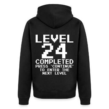 Level 24 Abgeschlossen – Pixel Retro - Unisex Premium Bio Zip Hoodie - Schwarz - Hinten - Nico (187cm)