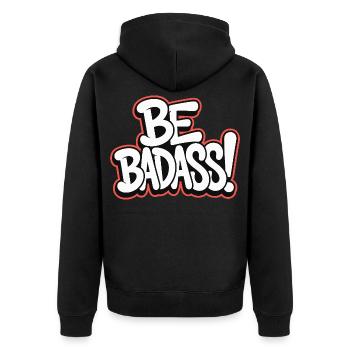 Sei badass - Unisex Premium Bio Zip Hoodie - Schwarz - Hinten - Nico (187cm)