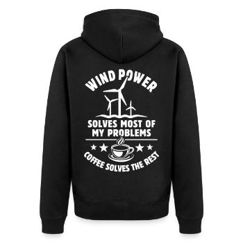 wind power solves most of my Problems - Kaffee - Unisex Premium Bio Zip Hoodie - Schwarz - Hinten - Nico (187cm)