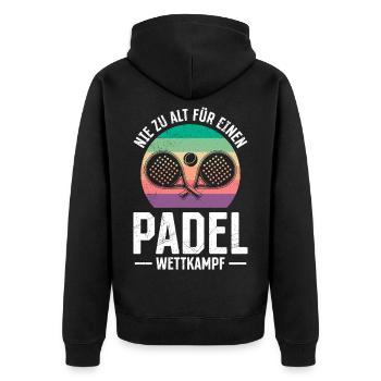 Renterin NIE ZU ALT FÜR EINEN PADEL WETTKAMPF - Unisex Premium Bio Zip Hoodie - Schwarz - Hinten - Nico (187cm)
