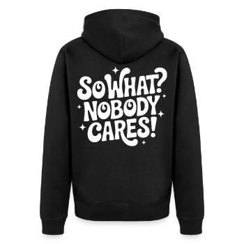 Also, was interessiert niemanden - Unisex Premium Bio Zip Hoodie - Schwarz - Hinten - Nico (187cm)