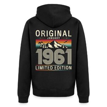65e anniversaire Original janvier 1961 - Veste à capuche bio Premium Unisexe - noir - Dos - Nico (187cm)