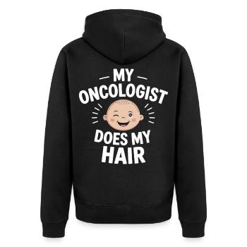 Mein Onkologe macht mein Haar - Unisex Premium Bio Zip Hoodie - Schwarz - Hinten - Nico (187cm)