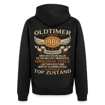 Cadeau pour le 40e anniversaire Voiture classique janvier 1986 - Veste à capuche bio Premium Unisexe - noir - Dos - Nico (187cm)