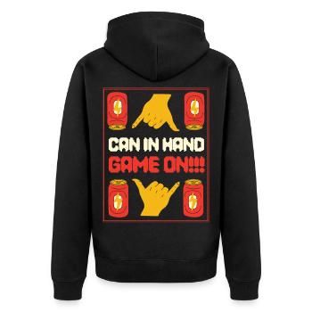 Energy Drink Can In Hand Game On - Unisex Premium Bio Zip Hoodie - Schwarz - Hinten - Nico (187cm)