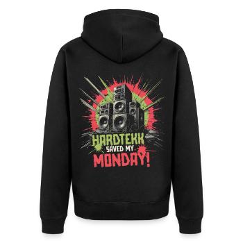 Hardtekk Saved My Monday Tekke East Germany - Unisex Premium Organic Zip Hoodie - black - Back - Nico (187cm)