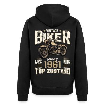 Cadeau du 65e anniversaire Motocycliste janvier 1961 - Veste à capuche bio Premium Unisexe - noir - Dos - Nico (187cm)