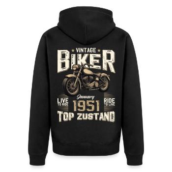 Cadeau du 75e anniversaire Motocycliste janvier 1951 - Veste à capuche bio Premium Unisexe - noir - Dos - Nico (187cm)