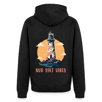 Nordsee Urlaub NUR SYLT VIBES Lustiges - Unisex Premium Bio Zip Hoodie - Schwarz - Hinten - Nico (187cm)