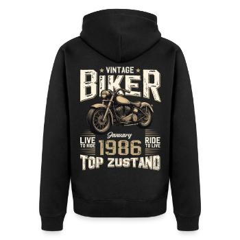 40. Geburtstag Geschenk Motorradfahrer Januar 1986 - Unisex Premium Bio Zip Hoodie - Schwarz - Hinten - Nico (187cm)