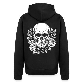 Monochromer Totenkopf mit Rosenzweig - Unisex Premium Bio Zip Hoodie - Schwarz - Hinten - Nico (187cm)