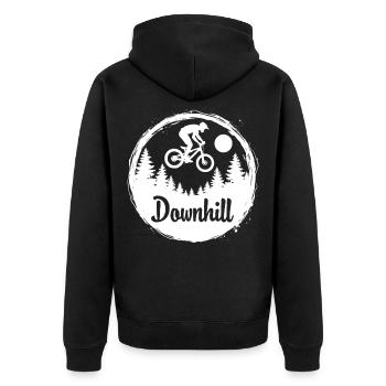 Downhill Mountainbike Abenteuer im Wald - Unisex Premium Bio Zip Hoodie - Schwarz - Hinten - Nico (187cm)
