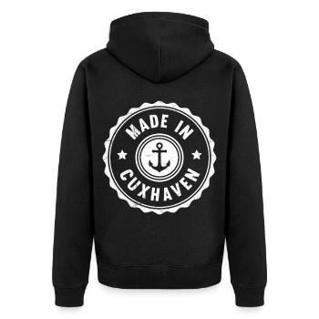 Nordsee Urlaub MADE IN CUXHAVEN Lustiges - Unisex Premium Bio Zip Hoodie - Schwarz - Hinten - Nico (187cm)