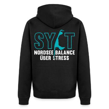NORDSEE BALANCE ÜBER STRESS Lustiges - Unisex Premium Bio Zip Hoodie - Schwarz - Hinten - Nico (187cm)