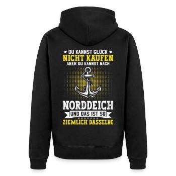 Nordsee KANNST GLÜCK NICHT KAUFEN ABER NACH - Unisex Premium Bio Zip Hoodie - Schwarz - Hinten - Nico (187cm)