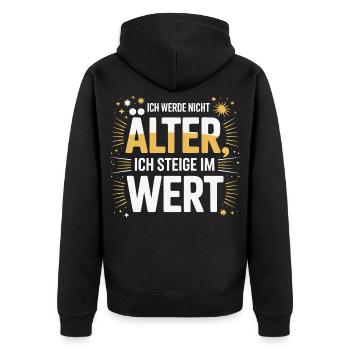 Lustiger Geburtstagsspruch ich steige im Wert - Unisex Premium Bio Zip Hoodie - Schwarz - Hinten - Nico (187cm)