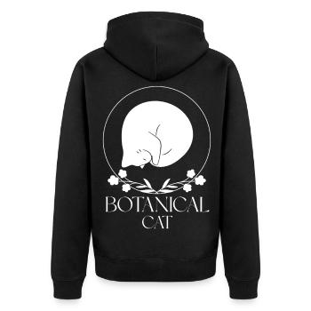 Minimalistische botanische Katze - Unisex Premium Bio Zip Hoodie - Schwarz - Hinten - Nico (187cm)