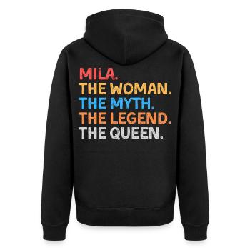 Mila Die Frau Der Mythos Die Legende Die Königin - Unisex Premium Bio Zip Hoodie - Schwarz - Hinten - Nico (187cm)