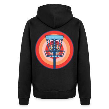 Disc Golf Basket Retro fliegende Discgolf-Szene - Unisex Premium Bio Zip Hoodie - Schwarz - Hinten - Nico (187cm)