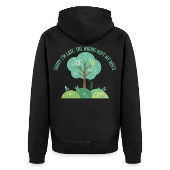 Entschuldigung, dass ich zu spät bin. Der Wald hat meine Discs behalten. Disc-Golf. - Unisex Premium Bio Zip Hoodie - Schwarz - Hinten - Nico (187cm)
