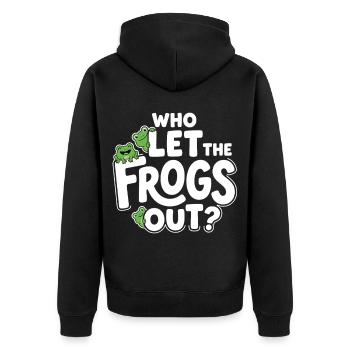Who Let the Frogs Out? - Lustiges Frosch - Unisex Premium Bio Zip Hoodie - Schwarz - Hinten - Nico (187cm)