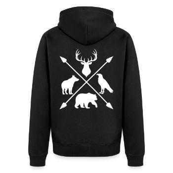 Waldtiere Wildnis Hirsch Wolf Bär Pfeile - Unisex Premium Bio Zip Hoodie - Schwarz - Hinten - Nico (187cm)