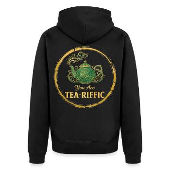 You Are Tea-Riffic – Vintage Teekanne Wortwitz - Unisex Premium Bio Zip Hoodie - Schwarz - Hinten - Nico (187cm)