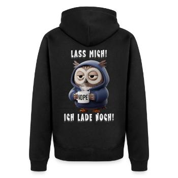Lustige Eule im Hoodie Morgenmuffel - Unisex Premium Bio Zip Hoodie - Schwarz - Hinten - Nico (187cm)