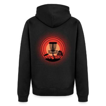 Disc Golf Basket Sunset Flying Disc Mountain Szene - Unisex Premium Bio Zip Hoodie - Schwarz - Hinten - Nico (187cm)