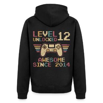 LEVEL 12 FREIGESCHALTET 12. GEBURTSTAG GAMER - Unisex Premium Bio Zip Hoodie - Schwarz - Hinten - Nico (187cm)