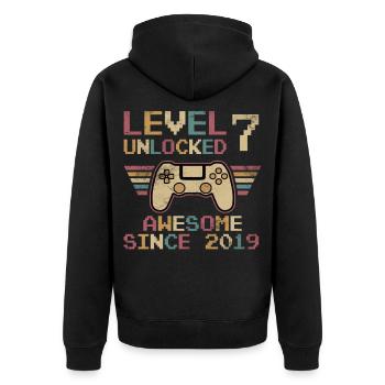 7th Birthday Level Unlocked - Unisex Premium Organic Zip Hoodie - black - Back - Nico (187cm)