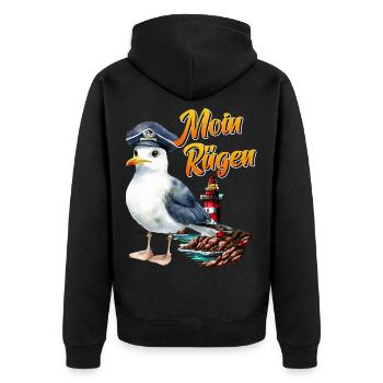 Ostsee Urlaub MOIN RÜGEN Urlaub Lustiges - Unisex Premium Bio Zip Hoodie - Schwarz - Hinten - Nico (187cm)