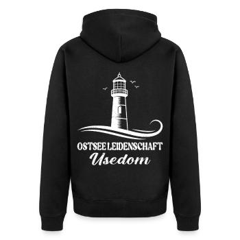Usedom Urlaub OSTSEE LEIDENSCHAFT USEDOM Lustig - Unisex Premium Bio Zip Hoodie - Schwarz - Hinten - Nico (187cm)