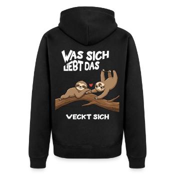 Slow Love on the Tree - Word Game with Sloths - Unisex Premium Organic Zip Hoodie - black - Back - Nico (187cm)