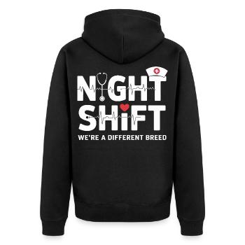NachtSchicht Herzpfleger – Different Breed - Unisex Premium Bio Zip Hoodie - Schwarz - Hinten - Nico (187cm)