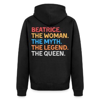 Beatrice, die Frau, der Mythos, die Legende, die Königin, - Unisex Premium Bio Zip Hoodie - Schwarz - Hinten - Nico (187cm)