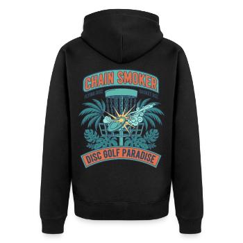 Chain Smoker Disc Golf Paradise Flying Disc Basket - Unisex Premium Bio Zip Hoodie - Schwarz - Hinten - Nico (187cm)