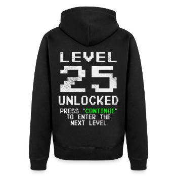 Level 25 Unlocked Shirt 25. Geburtstag Shirt - Unisex Premium Bio Zip Hoodie - Schwarz - Hinten - Nico (187cm)