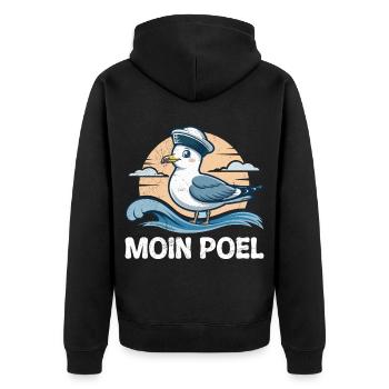 Ostsee MOIN POEL Souvenier Möwe Lustiges - Unisex Premium Bio Zip Hoodie - Schwarz - Hinten - Nico (187cm)