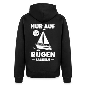 Insel Rügen NUR AUF RÜGEN LÄCHELN Segler Lustig - Unisex Premium Bio Zip Hoodie - Schwarz - Hinten - Nico (187cm)