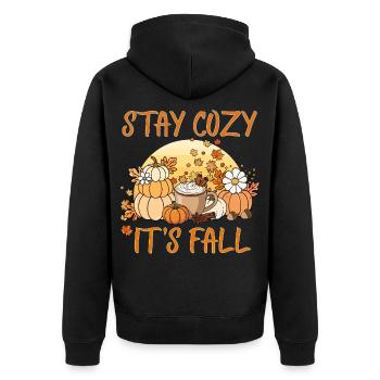 Bleib gemütlich Es ist Herbst – Pumpkin Spice Herbstkaffee - Unisex Premium Bio Zip Hoodie - Schwarz - Hinten - Nico (187cm)