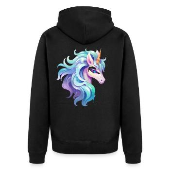 Buntes Einhorn Kopfportrait - Unisex Premium Bio Zip Hoodie - Schwarz - Hinten - Nico (187cm)