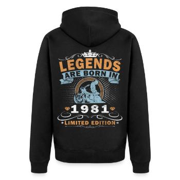 Naissance du motard vintage en 1981 - Veste à capuche bio Premium Unisexe - noir - Dos - Nico (187cm)