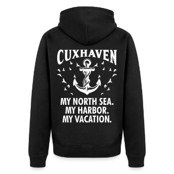 Cuxhavener MEINE NORDSEE MEIN HAFEN CUXHAVEN - Unisex Premium Bio Zip Hoodie - Schwarz - Hinten - Nico (187cm)